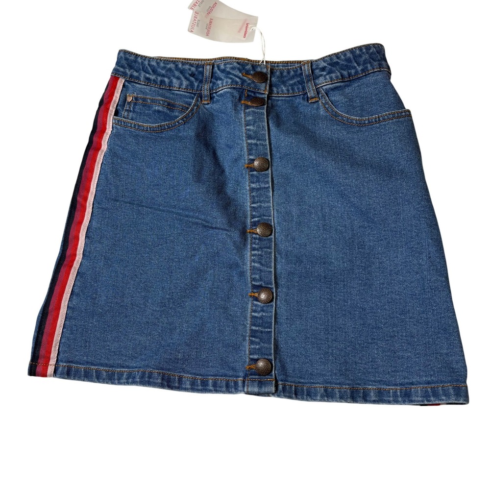 Catimini Girls Blue Denim Mini Skirt Stripe Button Front 12 Adjustable Waist NWT